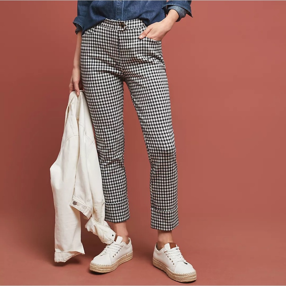 Anthropologie The Essential Crop Flare Black White Gingham‎ Check Pant 6 Preppy